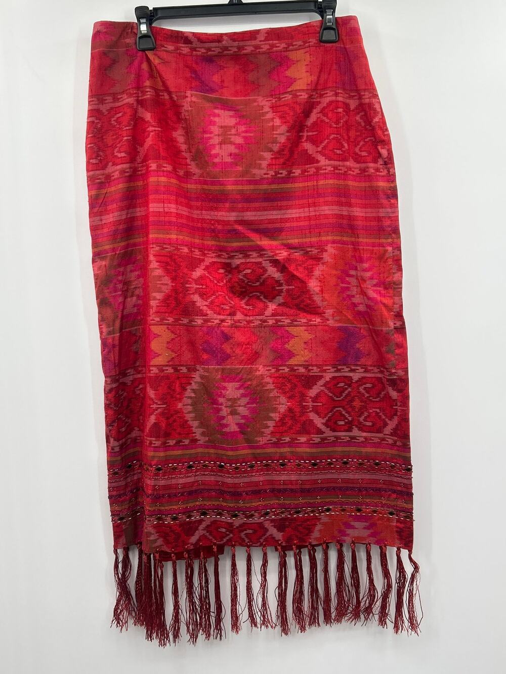 Kelly & Diane 100% Silk Beaded Fringe Midi Skirt Size 12 Boho Southwestern